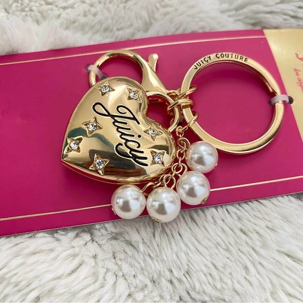 Juicy Couture Gold Heart Purse Keychain with Pearl Charms New
